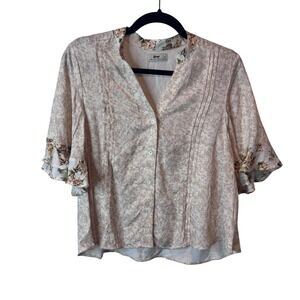 Maaji Women's Medium Beige Floral Print‎ Ruffle Sleeve Button Up Shirt Top